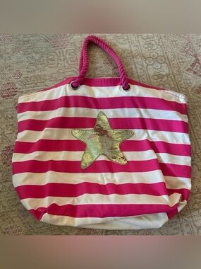 Striped Pink & White Beach Tote with Gold Sequin Star